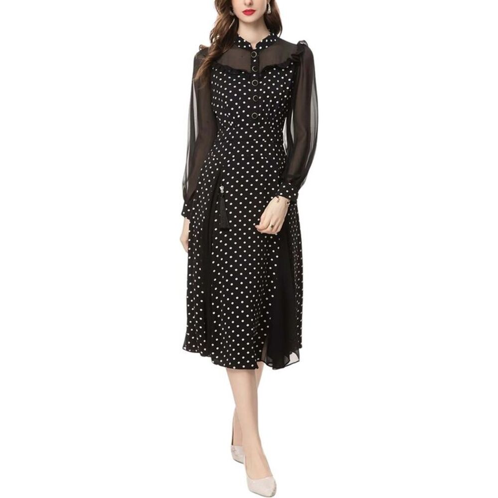 BURRYCO Black Polka Dot Midi Dress with Sheer Sleeves